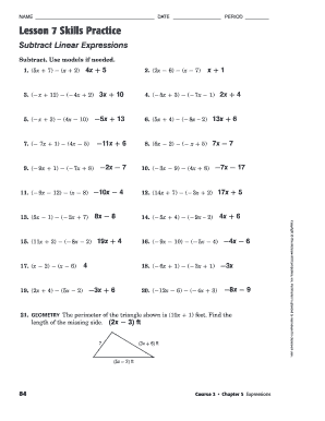 Lesson 7 Skills Practice Subtract Linear Expressions  Form