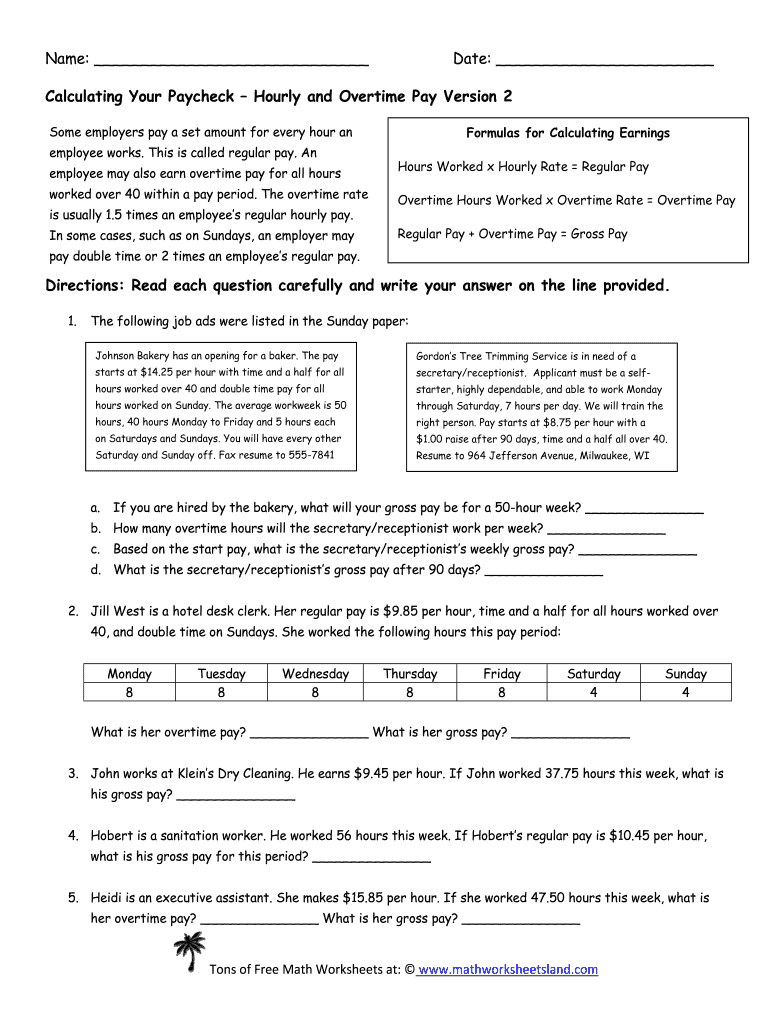 Calculating Your Paycheck Hourly and Overtime Pay Version 1  Form