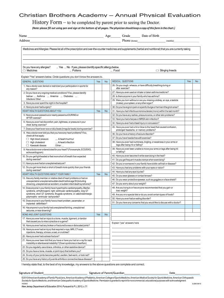 Christian Brothers Academy Annual Physical Evaluation  Cbalincroftnj  Form