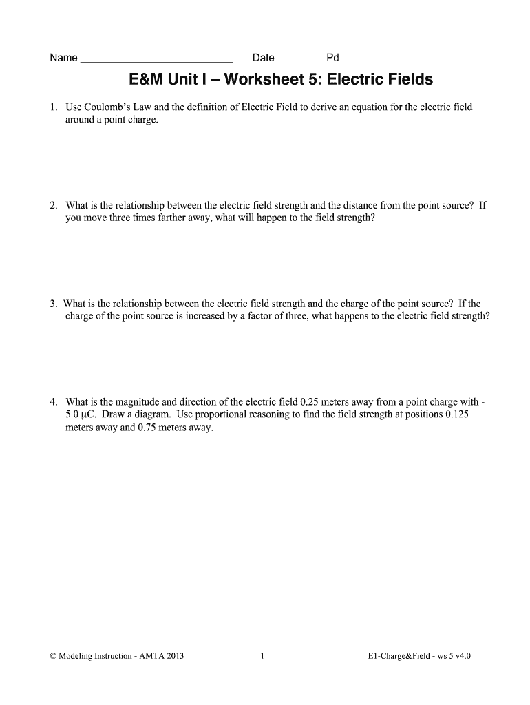E M Unit 1 Worksheet 5 Electric Fields Answers  Form