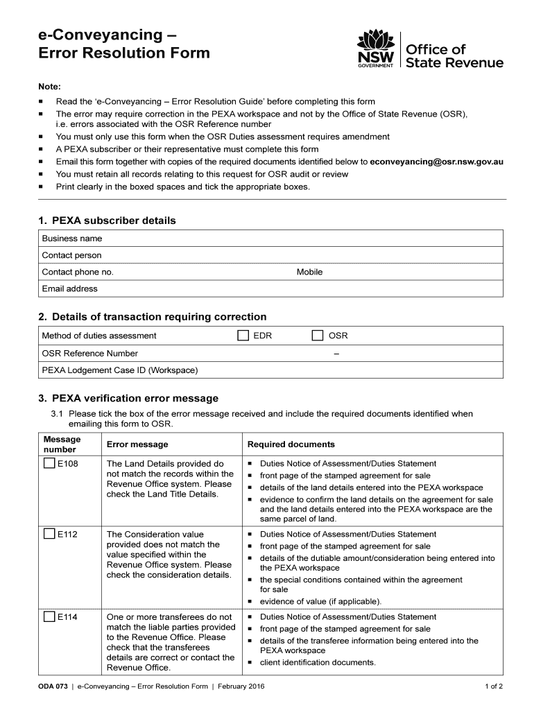 E Conveyancing Error Resolution Form