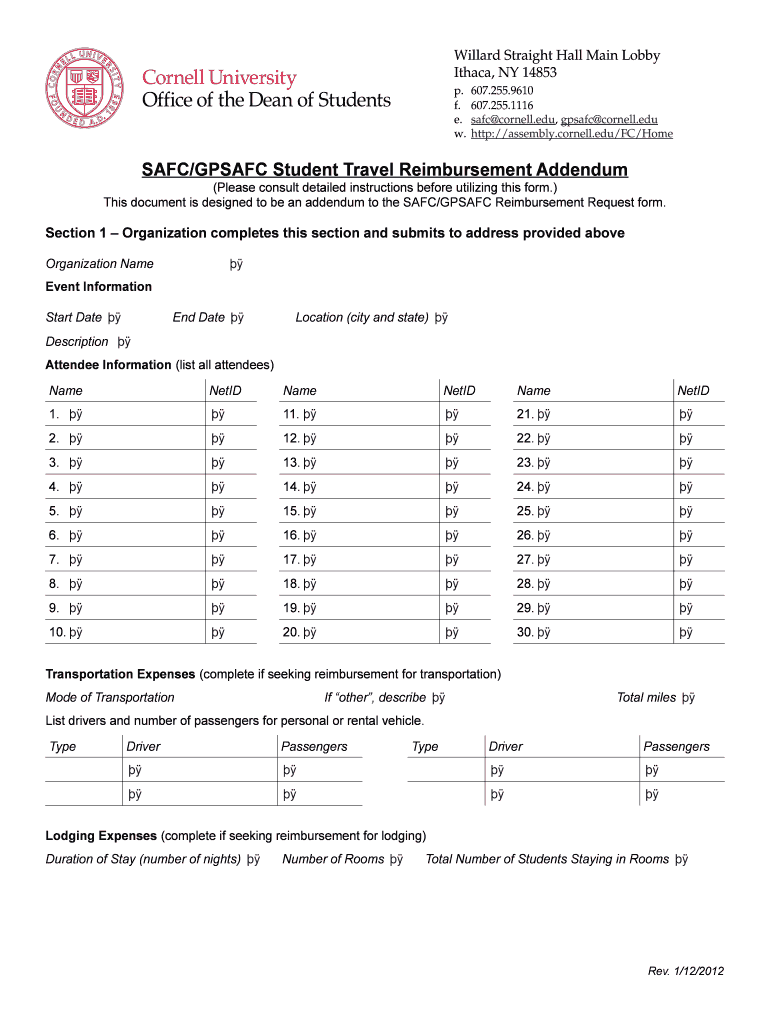 SAFCGPSAFC Student Travel Reimbursement Addendum Cornell  Form