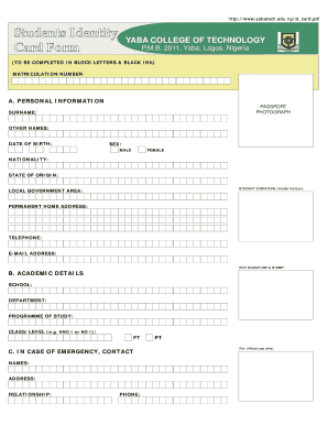 Yabatech Student ID Card  Form