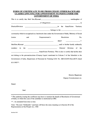 FORM of CERTIFICATE to BE PRODUCED by OTHER BACKWARD CLASSES APPLYING for APPOINTMENT to POSTS under the GOVERNMENT of INDIA Thi