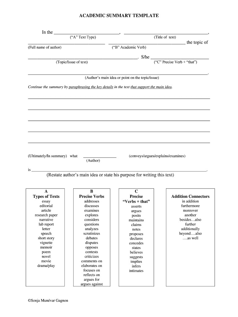 Academic Summary Template  Form
