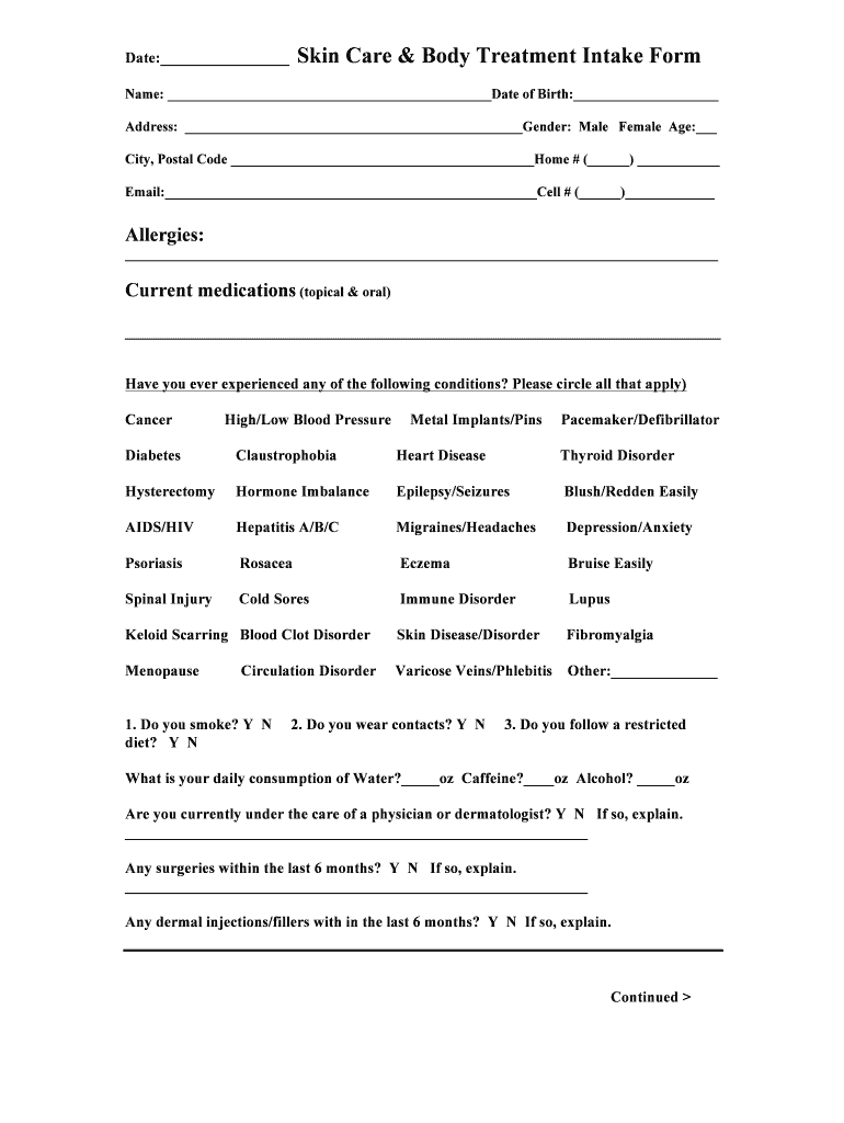 Client Skin Care Intake Form TownLife