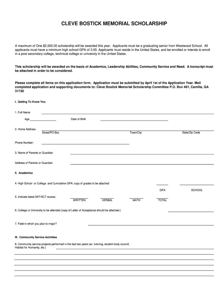 Cleve Bostick Memorial Scholarship  Form