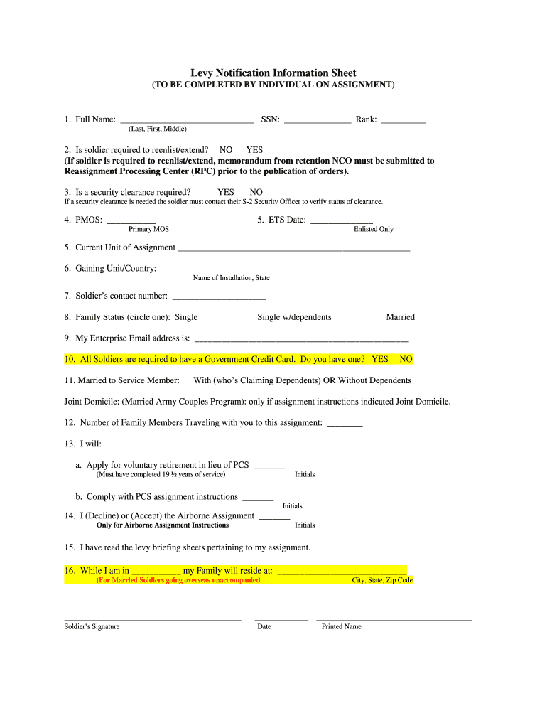 Army Levy Notification Sheet  Form