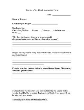 Teacher of the Month Nomination Example  Form