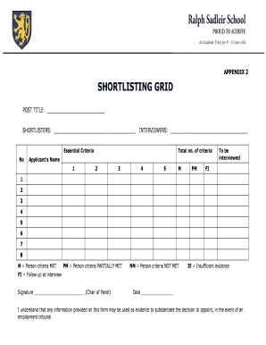 Shortlisting Grid Template  Form