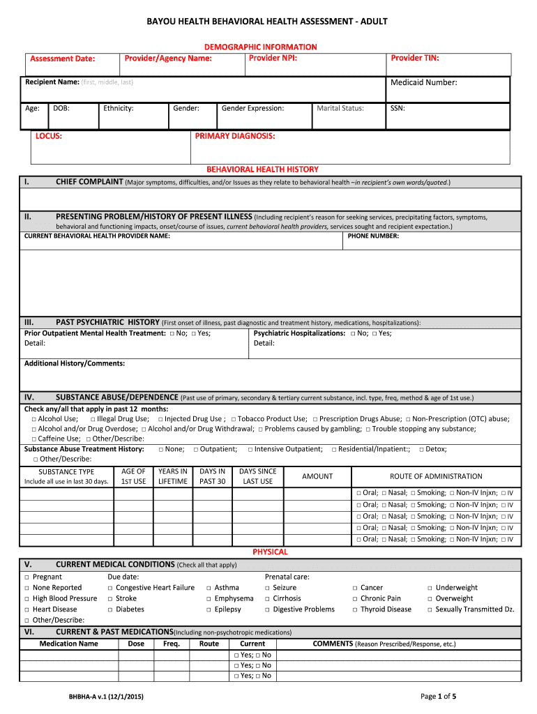 Bayou Health Assessment  Form