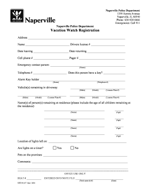 NAPERVILLE POLICE VACATION WATCH REGISTRATION  Form