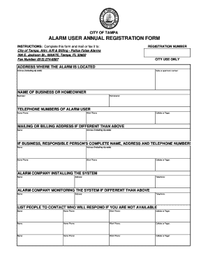 City of Tampa Alarm User Form