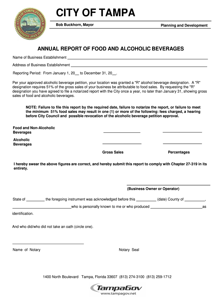 City of Tampa Annaual Report of Food and Acohol Form Tampa Florida
