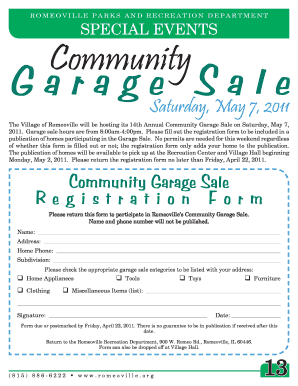 Community Garage Sale Registration Form Saturday, May 7, Romeoville