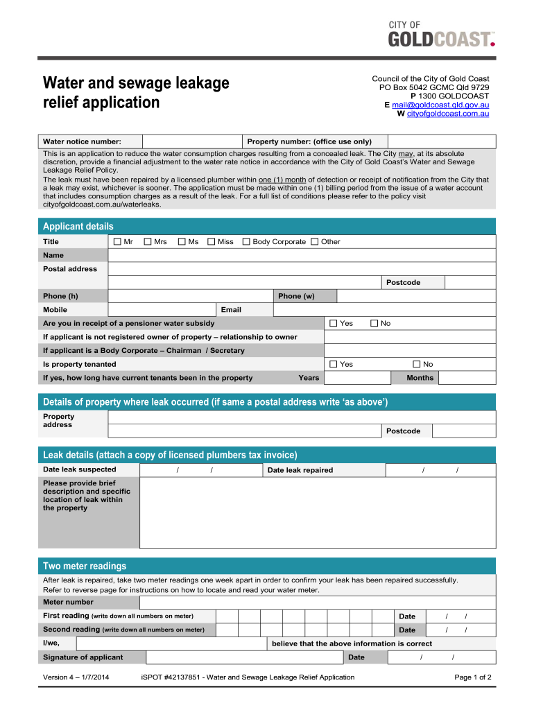  Water and Sewage Leakage Relief Application  Gold Coast City    Goldcoast Qld Gov 2014