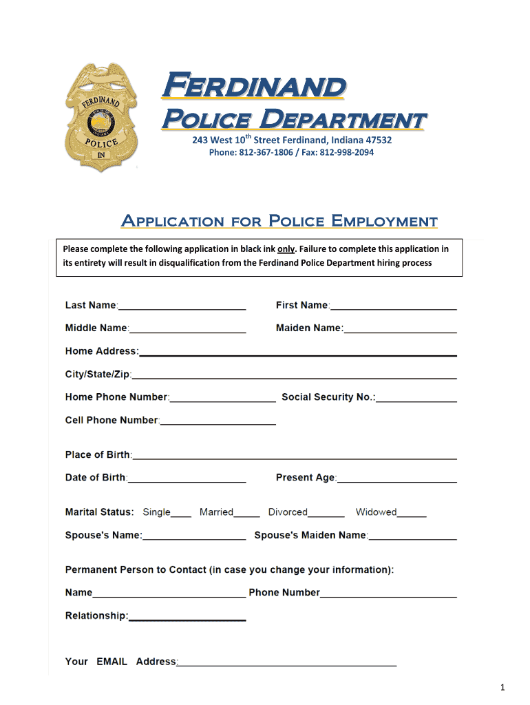 Ferdinand Indiana Police Department  Form