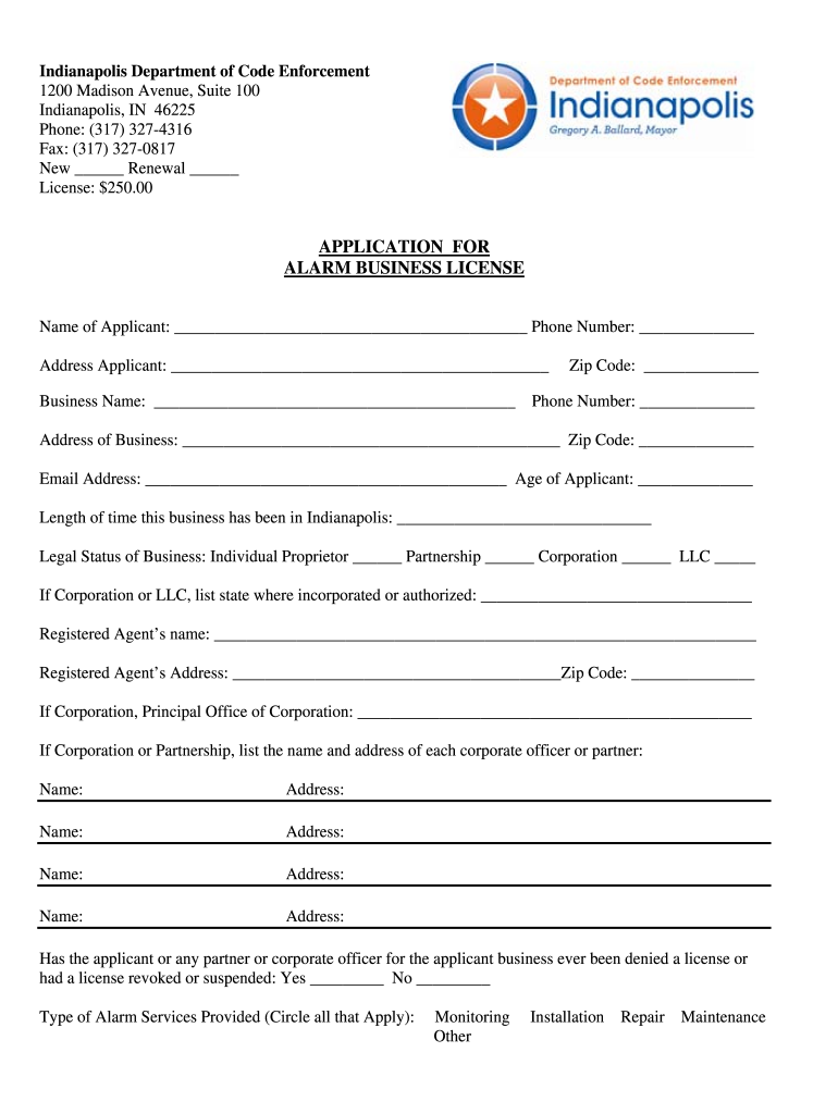 Indiana Alarm License  Form