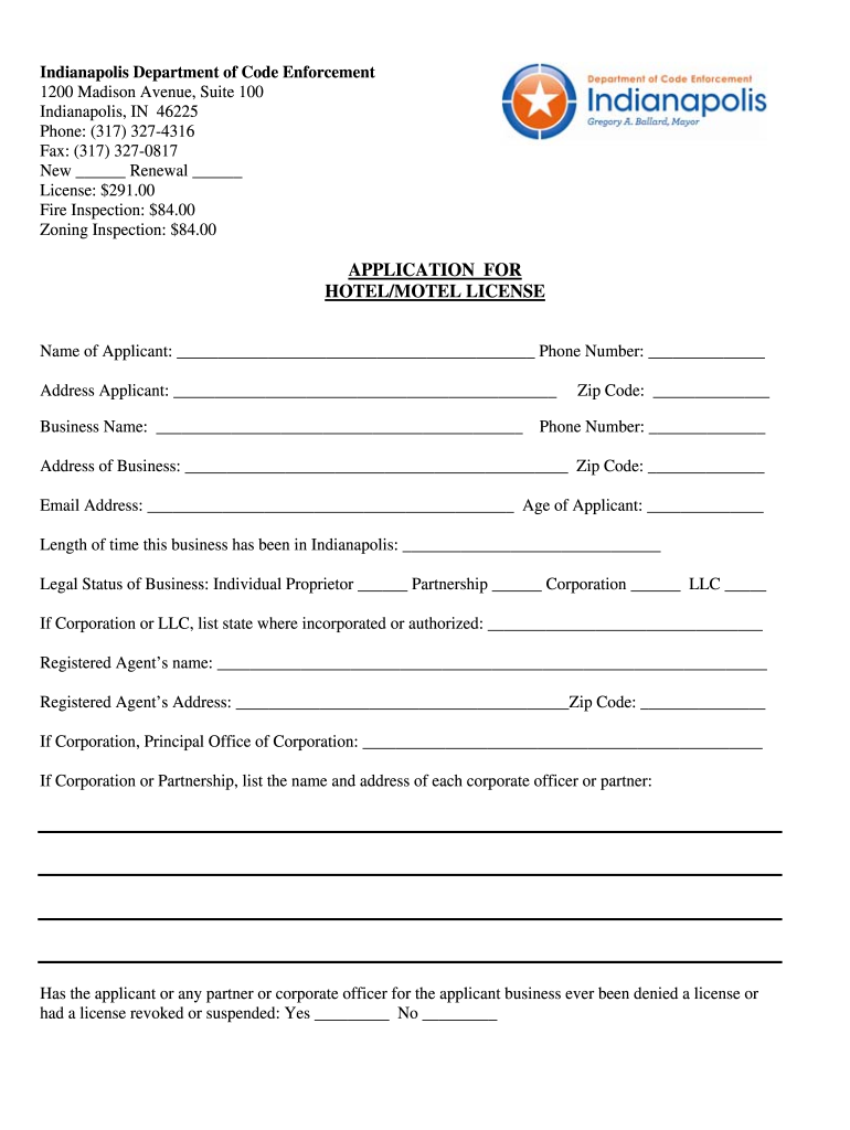 APPLICATION for HOTELMOTEL LICENSE  City of Indianapolis  Indy  Form