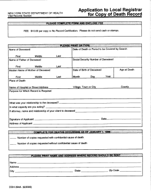 Application to Local Registrar for Copy of Death Record Town of  Form