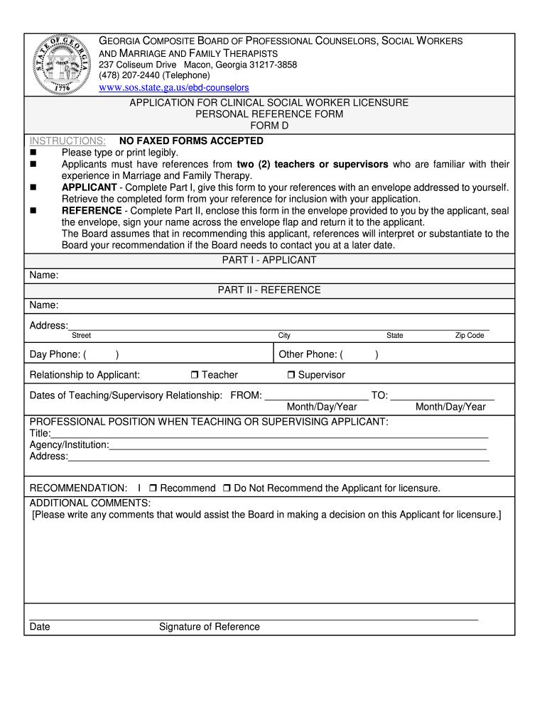 Application for Georgia Social Work Licensure  Form