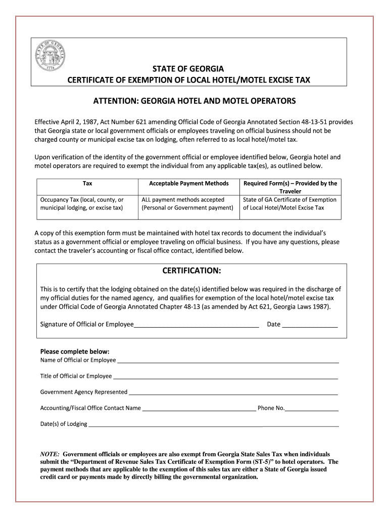 Get and Sign State of Georgia Certificate of Exemption of Local Hotel Motel Excise Tax 1987 Form