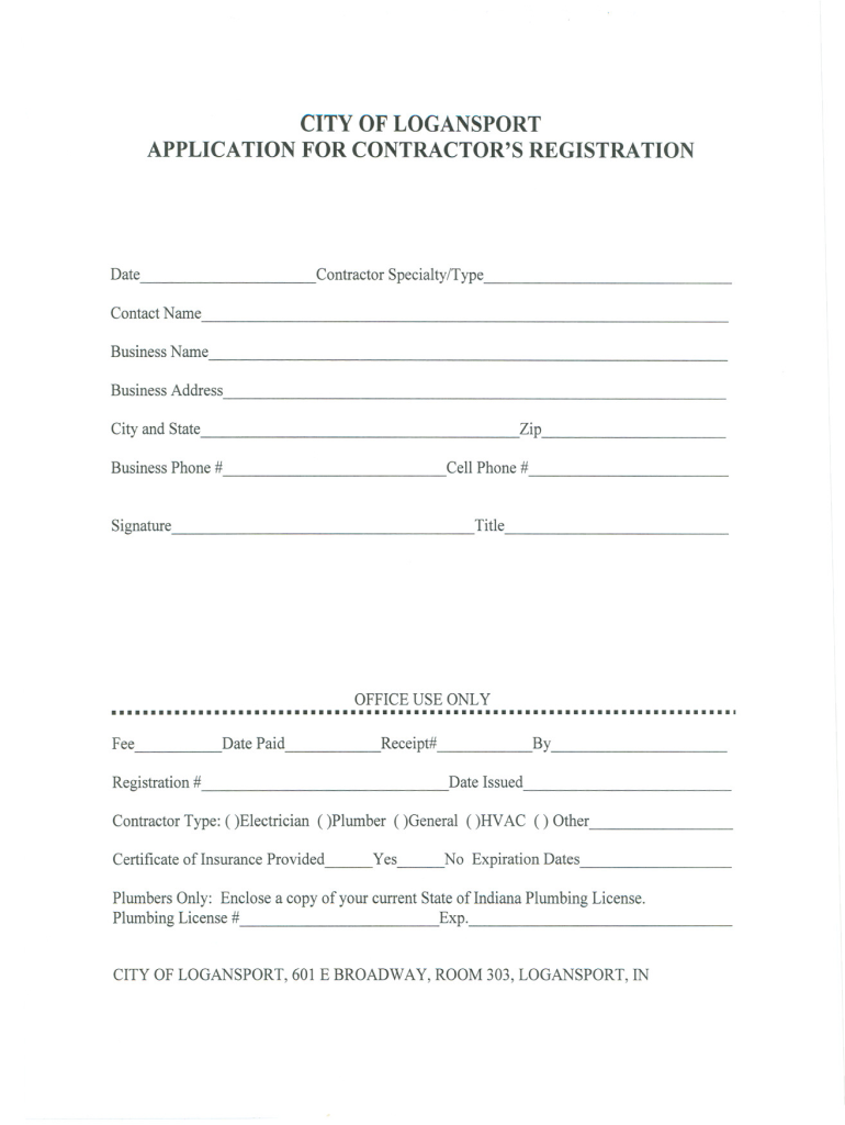 Application for Contractor&#39;s Registration City of Logansport  Form