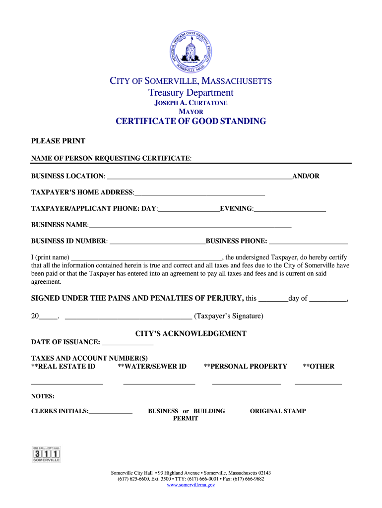 Certificate of Good Standing City of Somerville Somervillema  Form