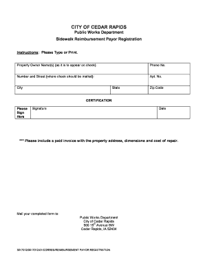 Sidewalk Reimbursement Payor Registration Form City of Cedar Cedar Rapids