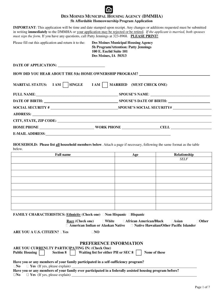 5H Homeownership Application  City of Des Moines  Dmgov  Form