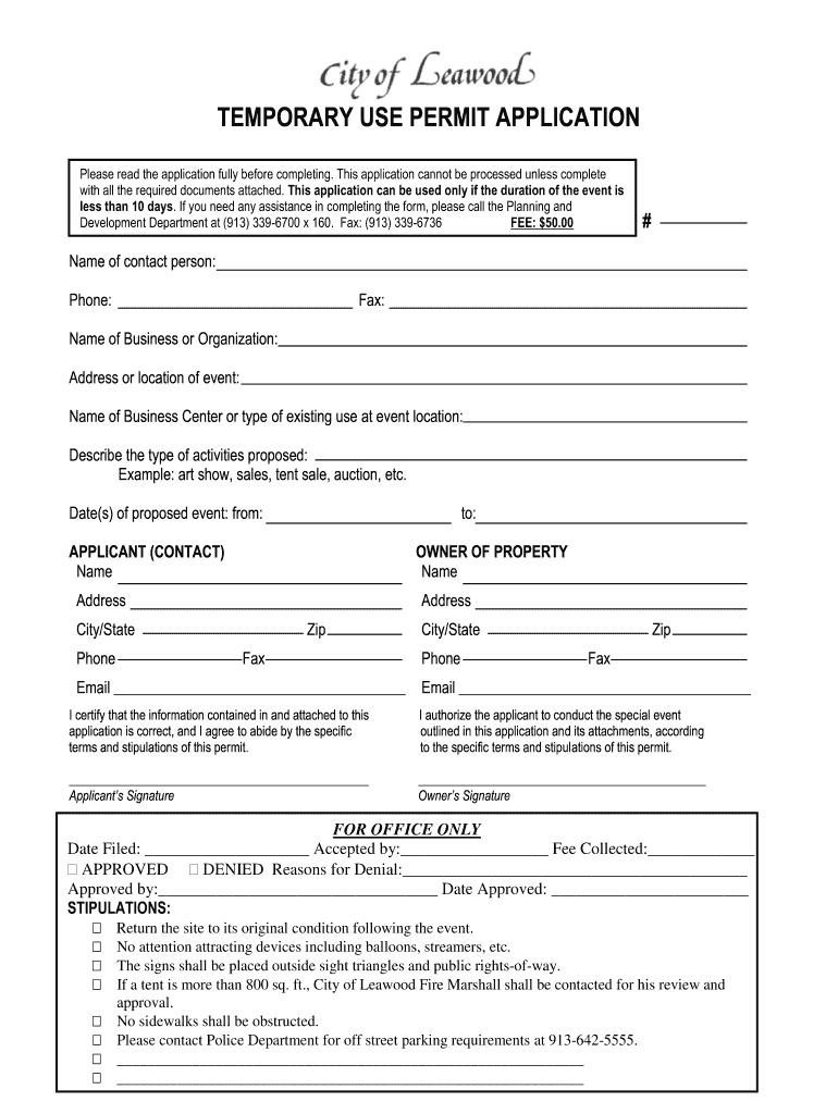 Temporary Permit Leawood  Form