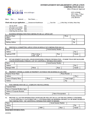 Entertainment Establishment Application Corporation City of Wichita Wichita  Form