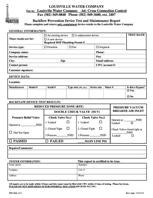 Backflow Prevention Devise Test and Maintenance Form Louisvilleky