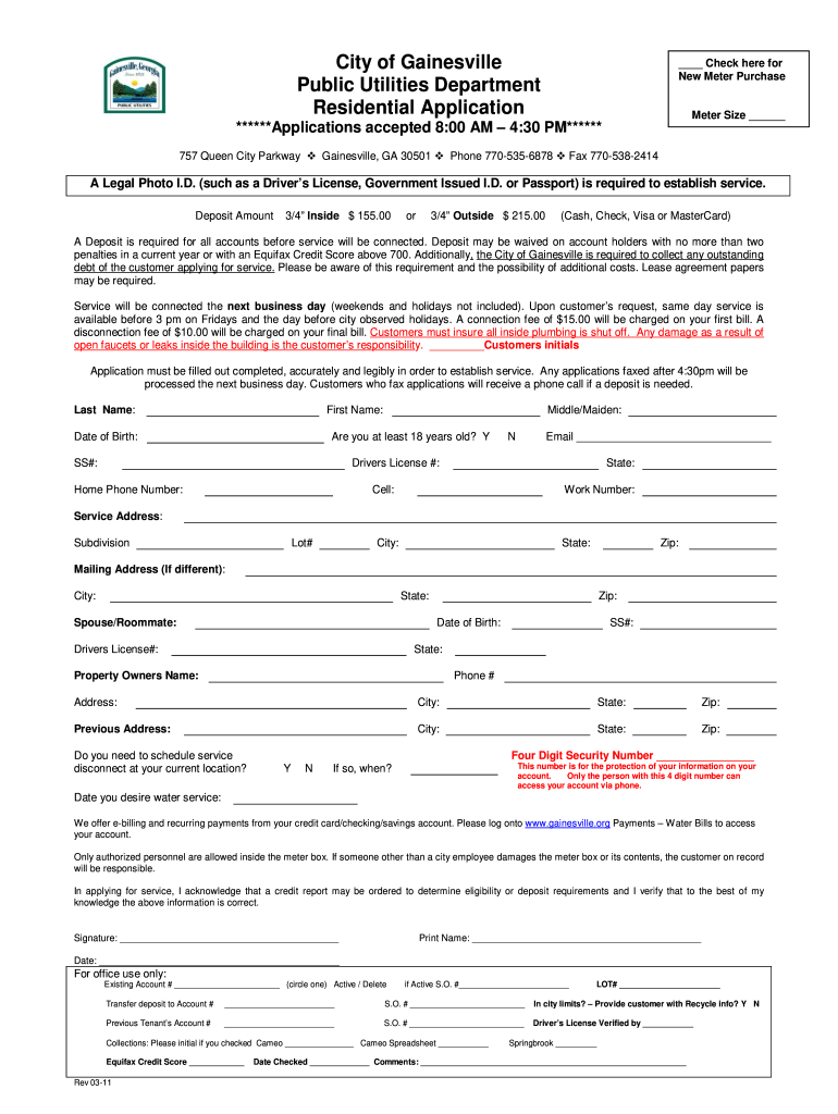 City of Gainesville Public Utilities Department Residential Application Gainesville  Form