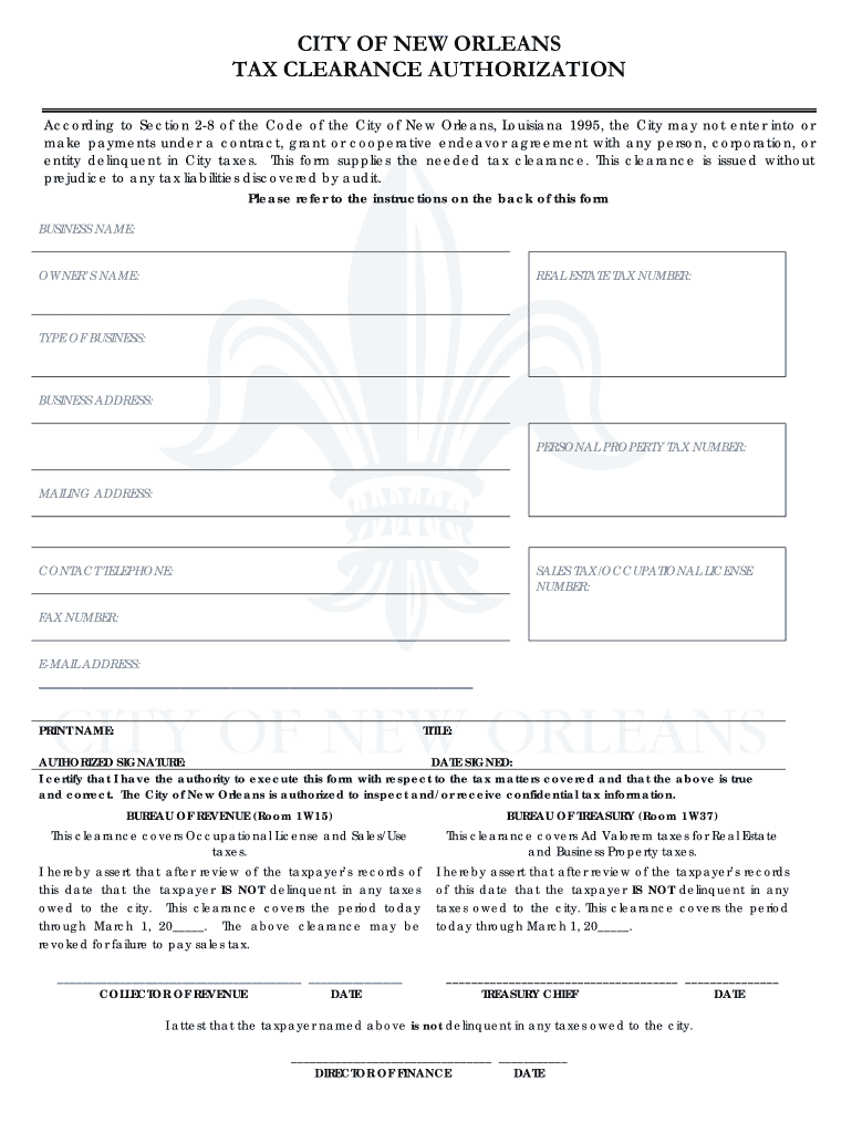  Tax Clearance Form  City of New Orleans  Nola 2012