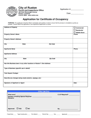Application for Certificate of Occupancy City of Ruston  Form