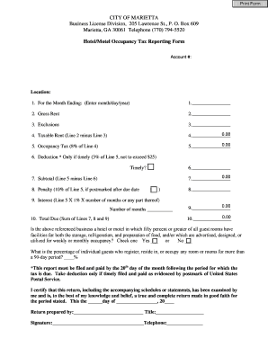 Hotel Motel Occupancy Tax Reporting Form City of Marietta, GA Mariettaga