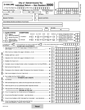 Form D1040NR Detroit Non Resident City of Detroit Ci Detroit Mi