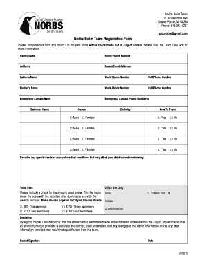 Grosse Pointe City Norbs Sign Up Form