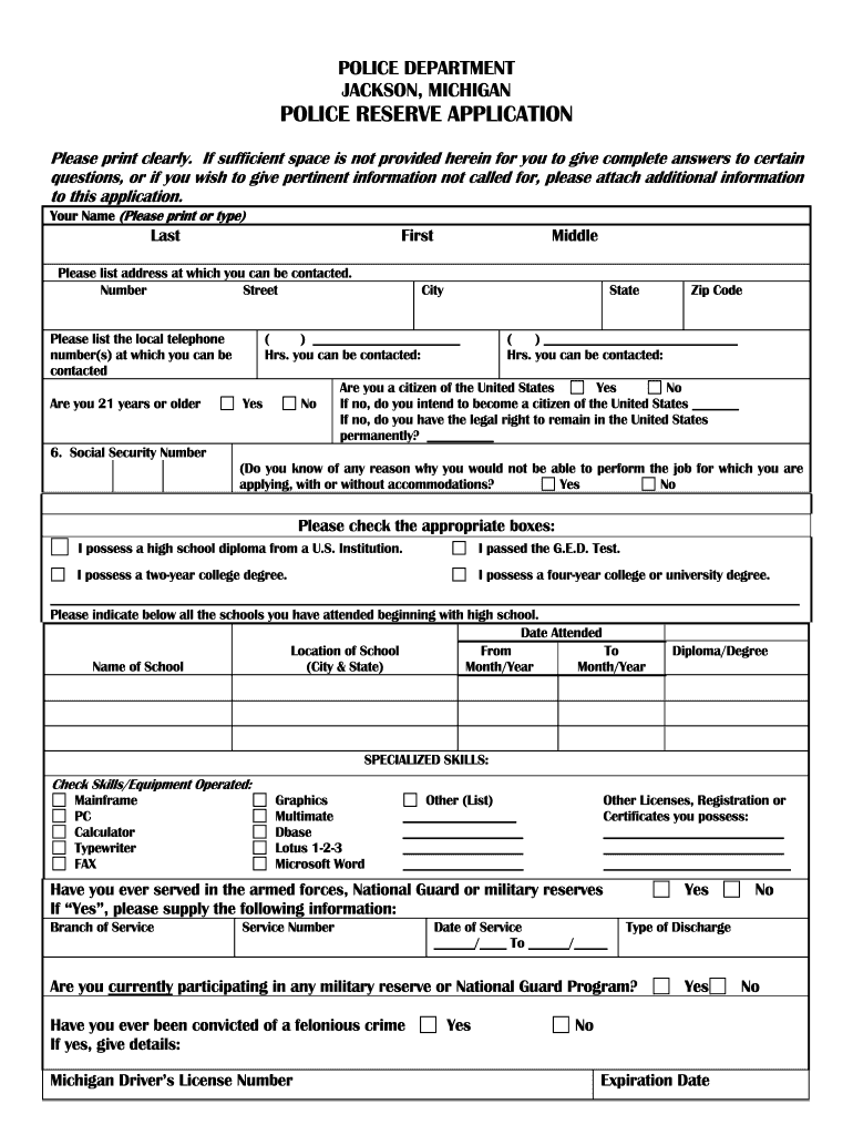 POLICE RESERVE APPLICATION  City of Jackson, Michigan  Cityofjackson  Form