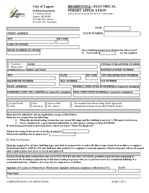 RESIDENTIAL ELECTRICAL PERMIT APPLICATION City of Lapeer Ci Lapeer Mi  Form