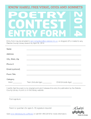 Poetry Contest Entry Form Dakota County Co Dakota Mn