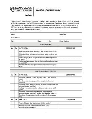 Mayo Clinic Health Questionaire Form