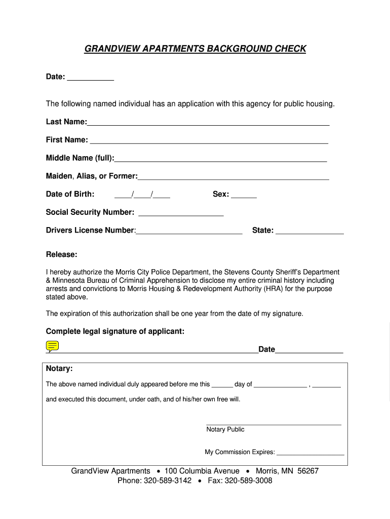 GRANDVIEW APARTMENTS BACKGROUND CHECK  City of Morris  Ci Morris Mn  Form