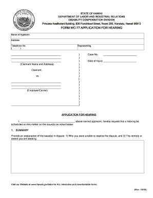 WC 77 Application for Hearing Department of Labor and Industrial  Form