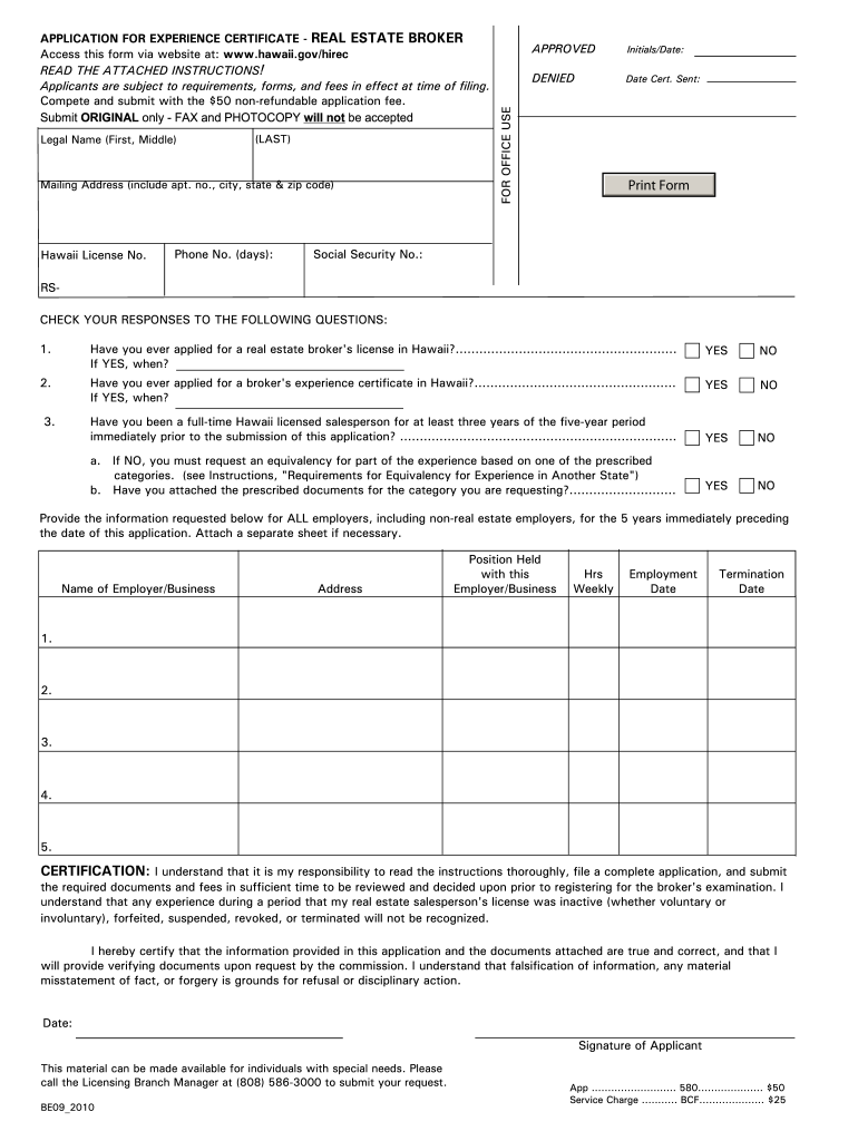 Get and Sign Hawaii Experience Certificate 2010-2022 Form