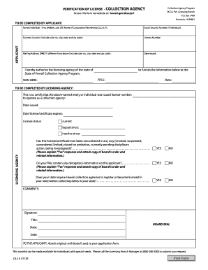 VERIFICATION of LICENSE COLLECTION AGENCY Hawaii Hawaii  Form