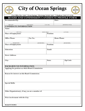 Board and Commission Candidate Profile Form City of Ocean Springs Ci Ocean Springs Ms