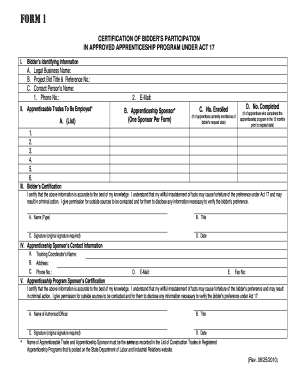 Form 1 Certification of Bidder&amp;#39;s Participation Department of Labor