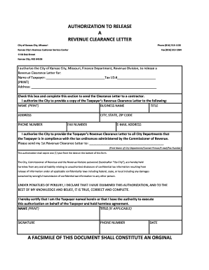Authorization to Release a Revenue Clearance Letter City of Kansas Kcmo  Form